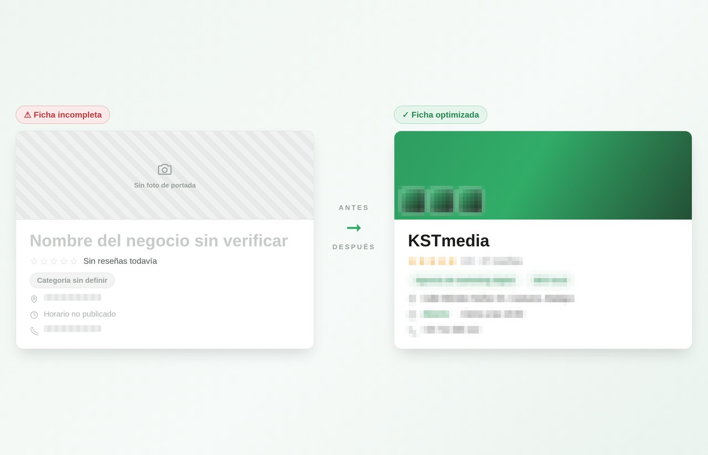 Comparativa entre una ficha de Google Business Profile incompleta y la ficha optimizada de KSTmedia